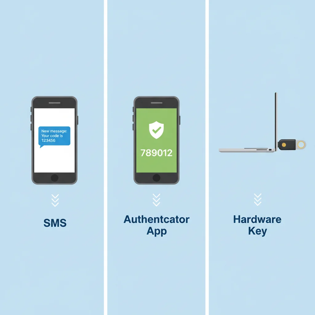 Comparativo dos três principais métodos de 2FA: código por SMS, código por aplicativo autenticador e uma chave de segurança física (hardware key).