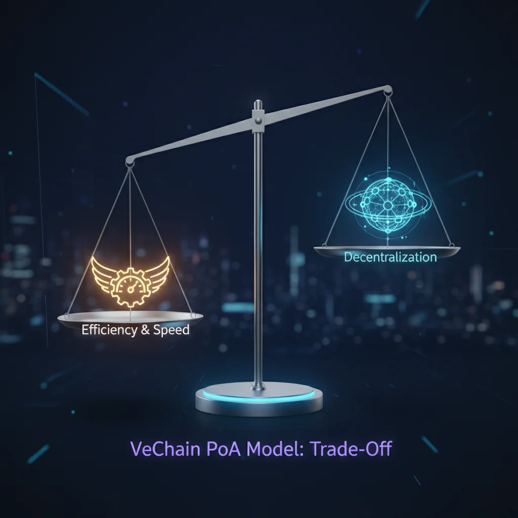 Balança comparando eficiência e descentralização no modelo da VeChain.