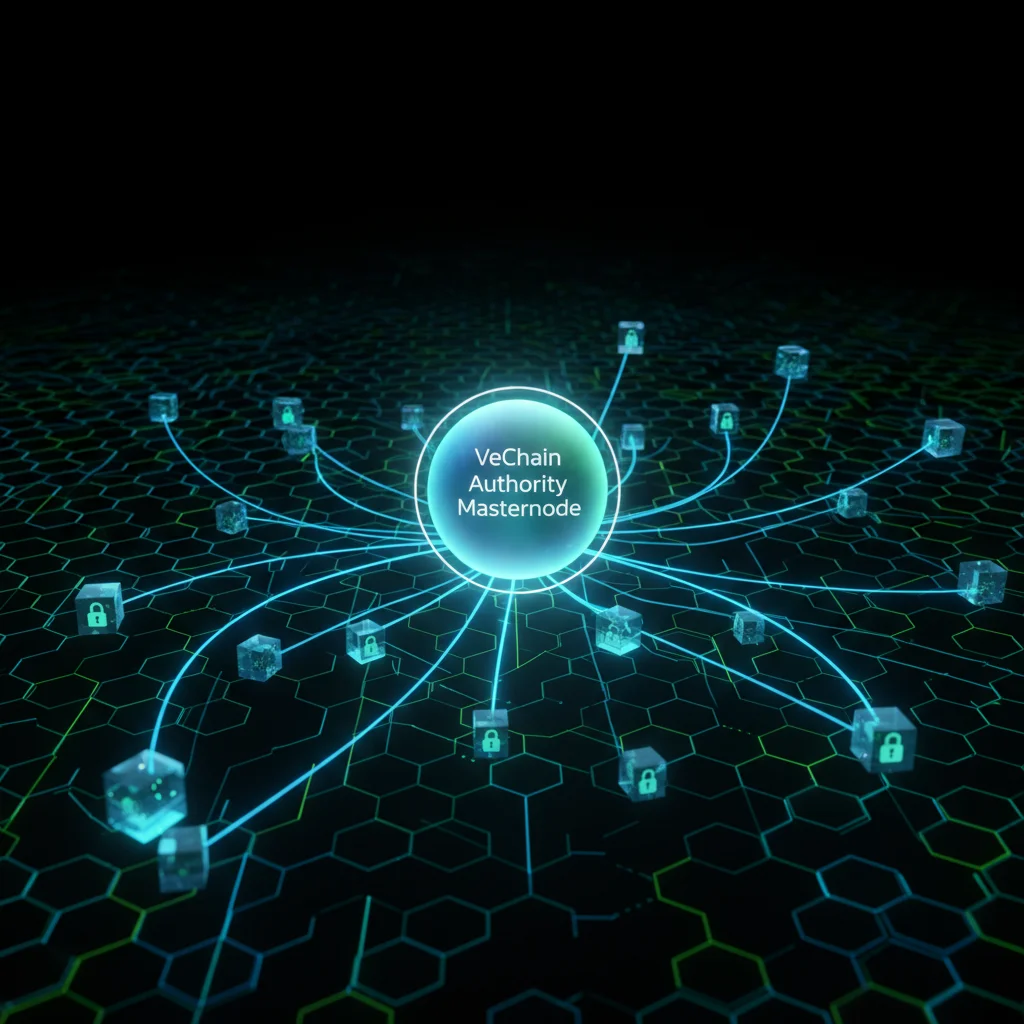 Diagrama ilustrando o funcionamento de um Authority Masternode na rede VeChain.