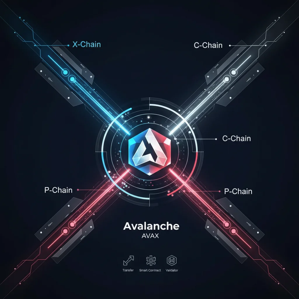 Diagrama da arquitetura de 3 blockchains da Avalanche (AVAX), mostrando a X-Chain, C-Chain e P-Chain conectadas.