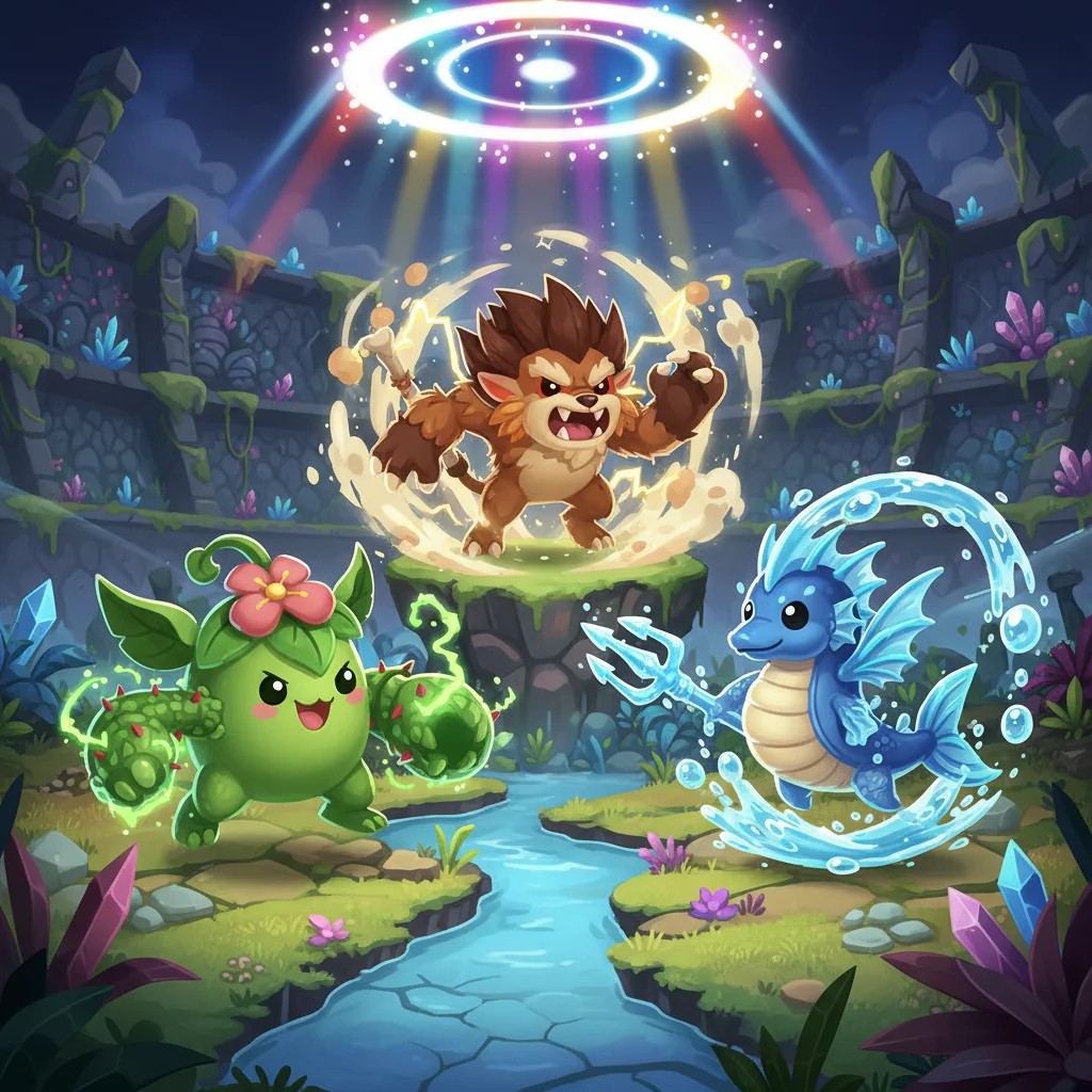 Três Axies coloridos, os monstros NFT do jogo Axie Infinity (AXS), se preparando para uma batalha em uma arena digital com vegetação exuberante.