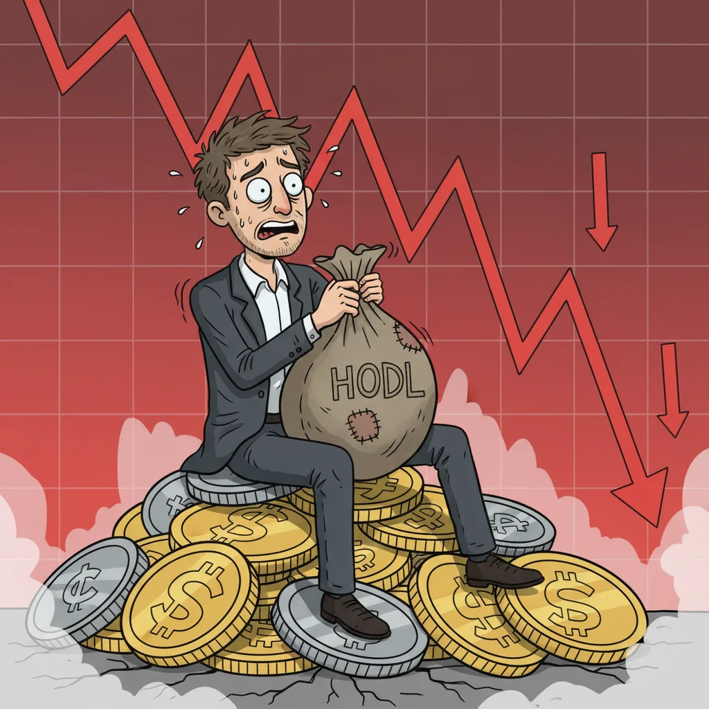 Ilustração de um investidor de criptomoedas estressado segurando uma sacola pesada e murcha, simbolizando o conceito de bagholder.