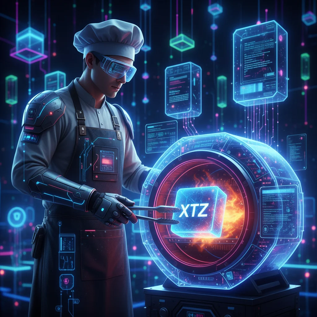 Ilustração de um Baker da Tezos validando um bloco na blockchain.