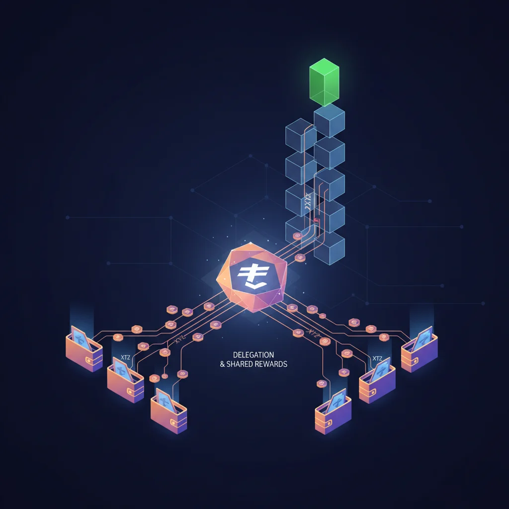 Diagrama mostrando a delegação de criptomoedas Tezos para um Baker.