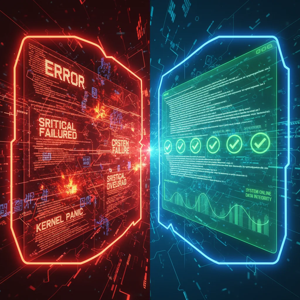 Comparativo visual mostrando a diferença entre um ambiente de produção caótico com erros e um ambiente de testes virtualizado, estável e organizado.