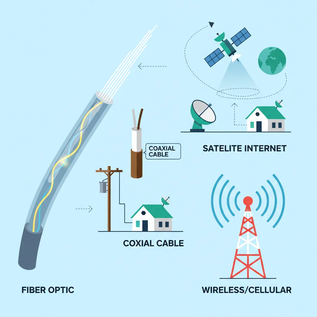 Infográfico comparando os tipos de conexão de internet: Fibra Óptica, Cabo Coaxial, Satélite e Rádio.