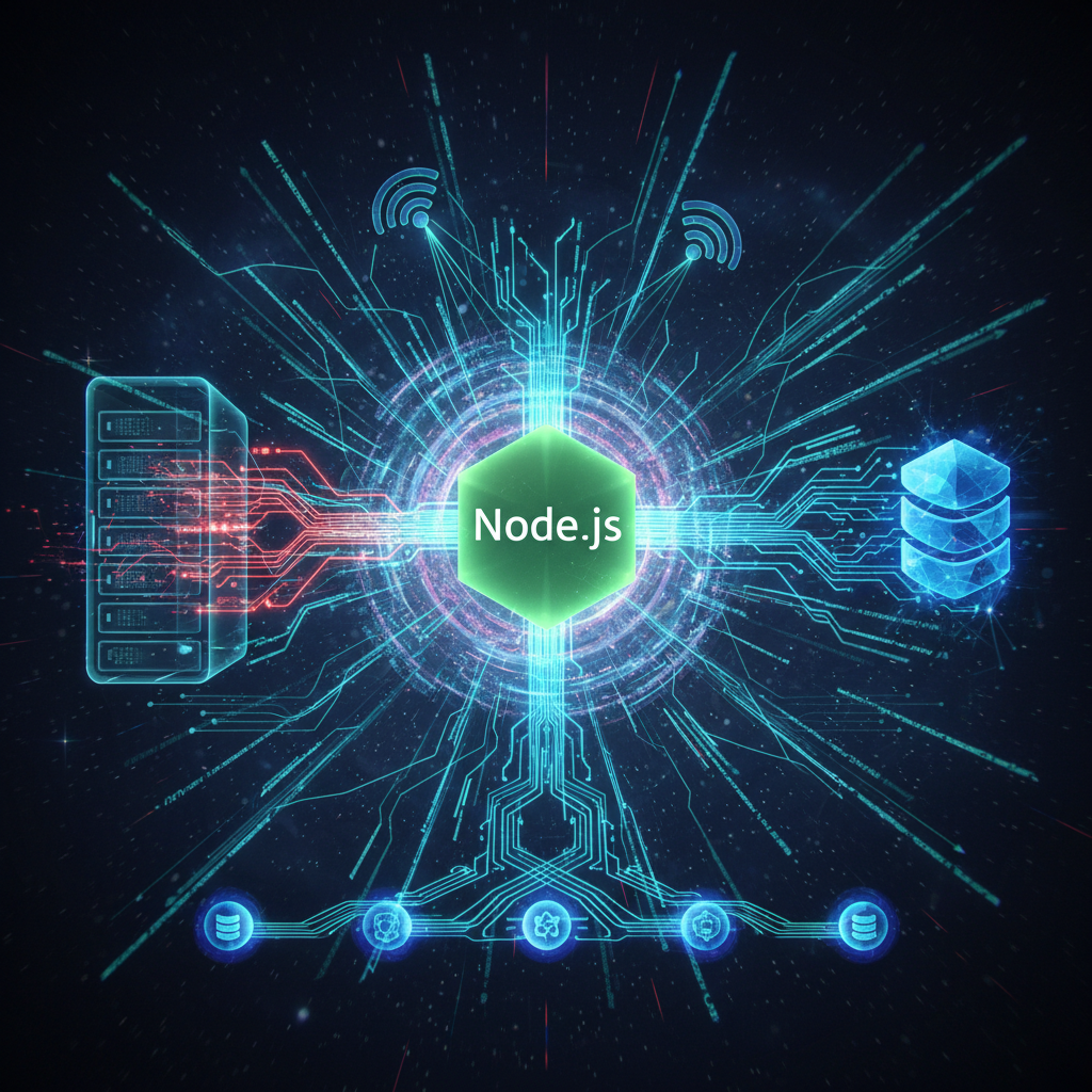 Representação visual do Node.js, destacando sua velocidade e integração com processos de servidor.