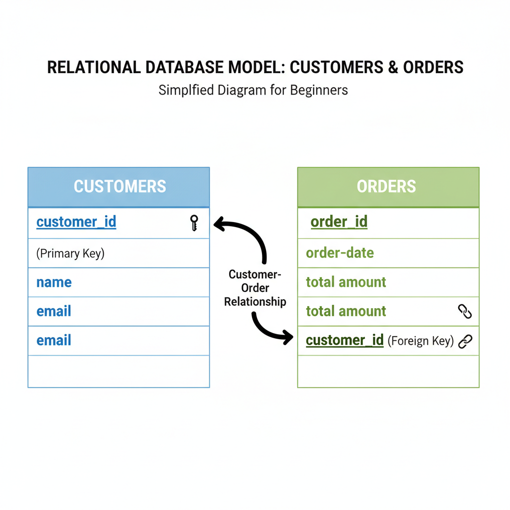 Diagrama de um modelo de banco de dados relacional com duas tabelas e sua relação.