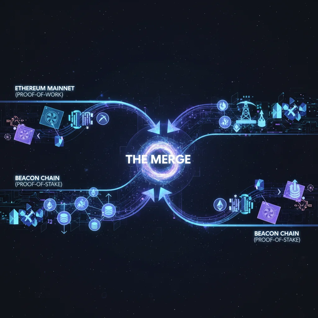 Diagrama ilustrando a Beacon Chain rodando em paralelo com a mainnet antiga do Ethereum antes do The Merge.