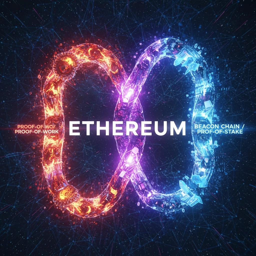 Representação artística do 'The Merge', onde a mainnet do Ethereum se une à Beacon Chain.