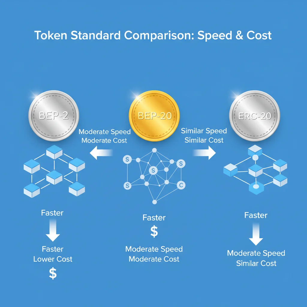 Infográfico comparando os padrões de token BEP-2, BEP-20 e ERC-20, destacando suas diferenças.