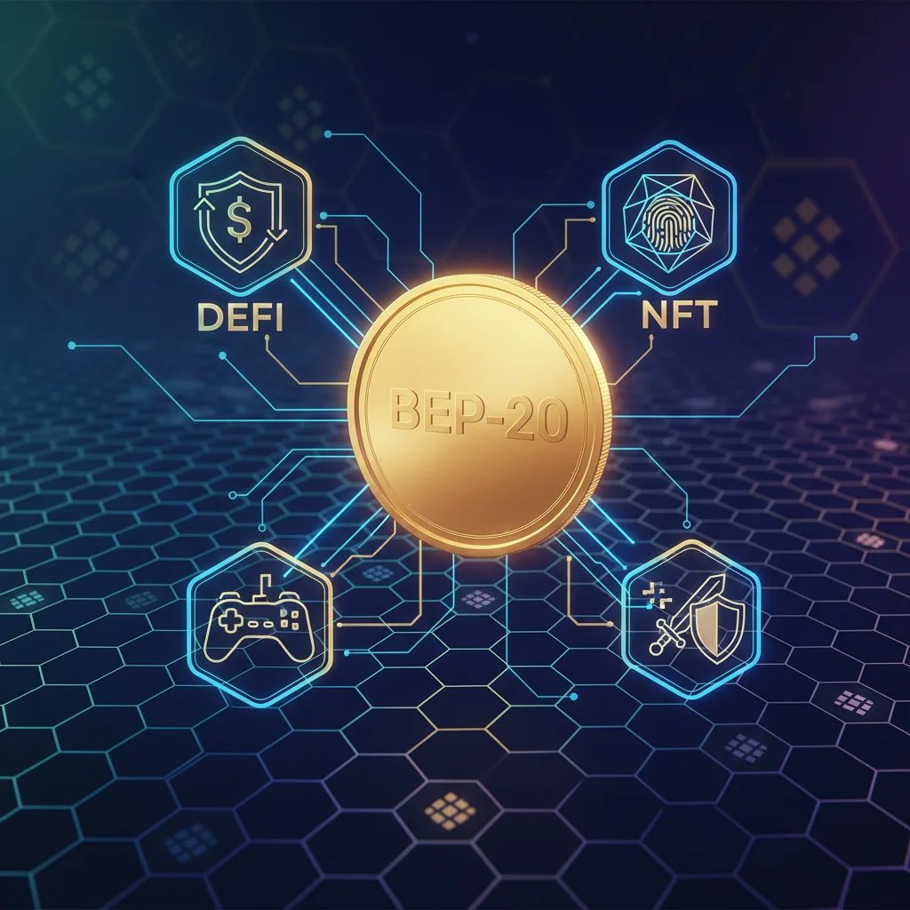 Ilustração do padrão de token BEP-20 conectado a ícones de DeFi, NFTs e jogos no ecossistema da BNB Chain.