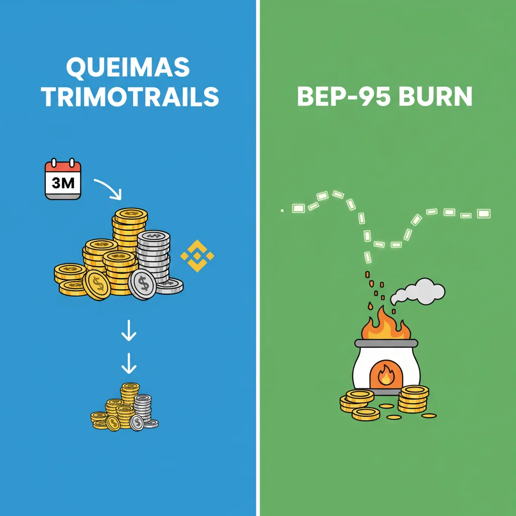 Comparativo entre as queimas trimestrais de BNB e a queima em tempo real implementada pelo BEP-95.