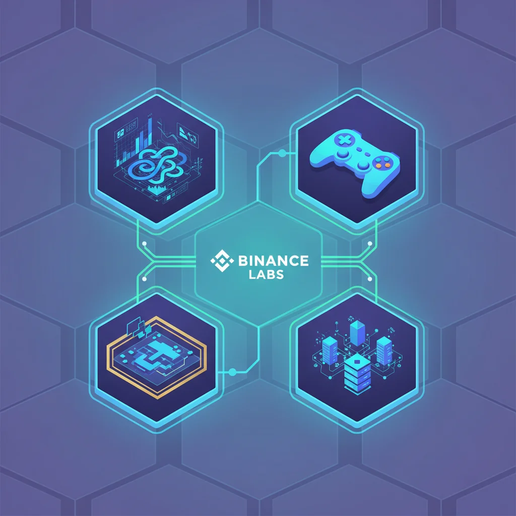Infográfico mostrando as diversas áreas de investimento da Binance Labs, como DeFi, NFTs, Gaming e Infraestrutura.
