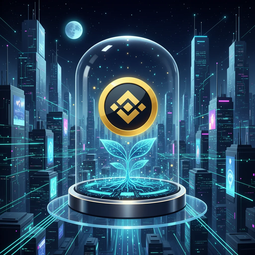 Ilustração do logo da Binance Labs nutrindo um projeto cripto em crescimento, simbolizando a incubação de novas tecnologias.