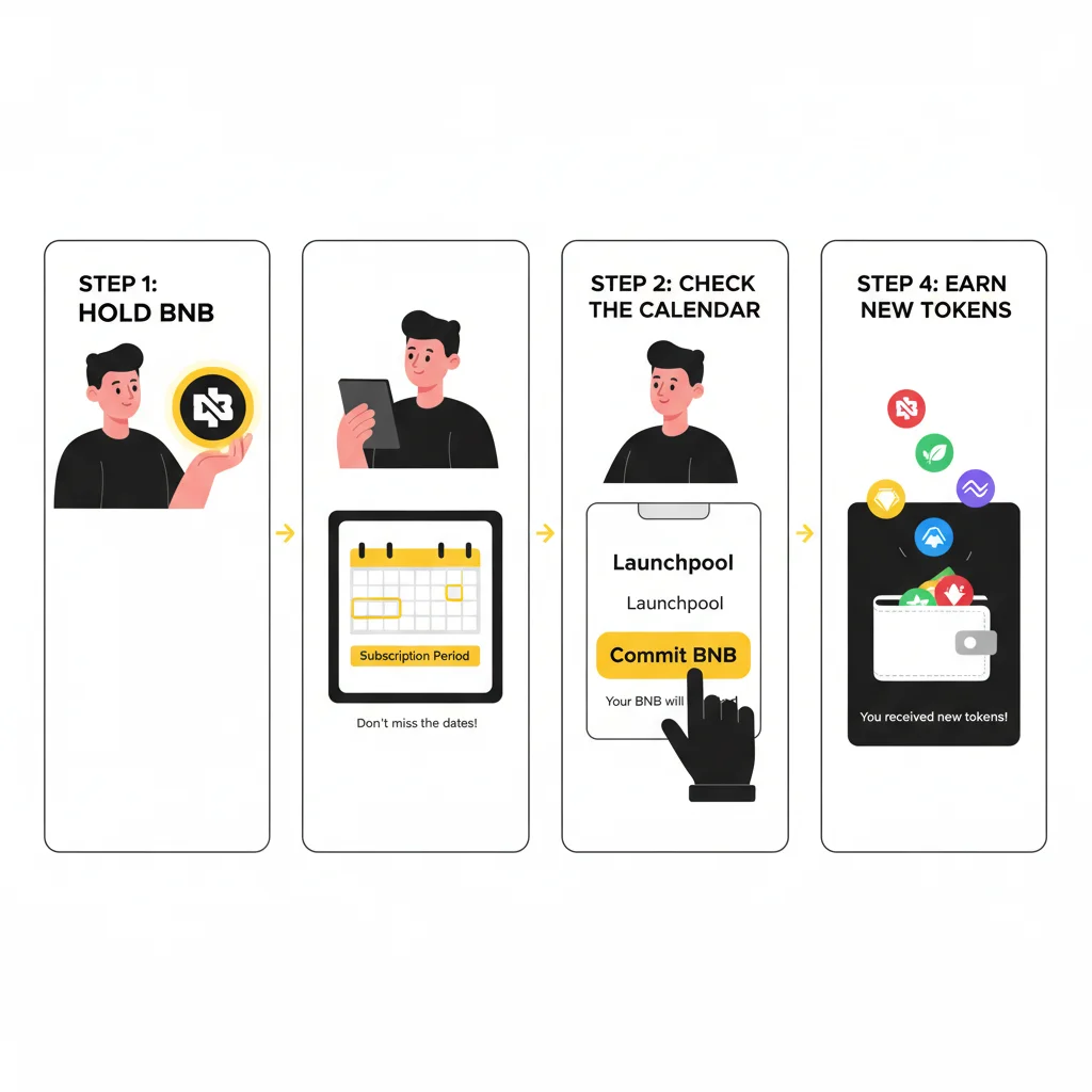 Passo a passo de como participar de um lançamento no Binance Launchpad, desde o holding de BNB até o recebimento dos novos tokens.