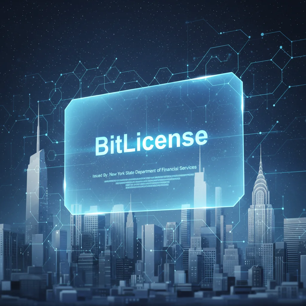 Ilustração de um certificado digital com o nome BitLicense sobre a cidade de Nova York.