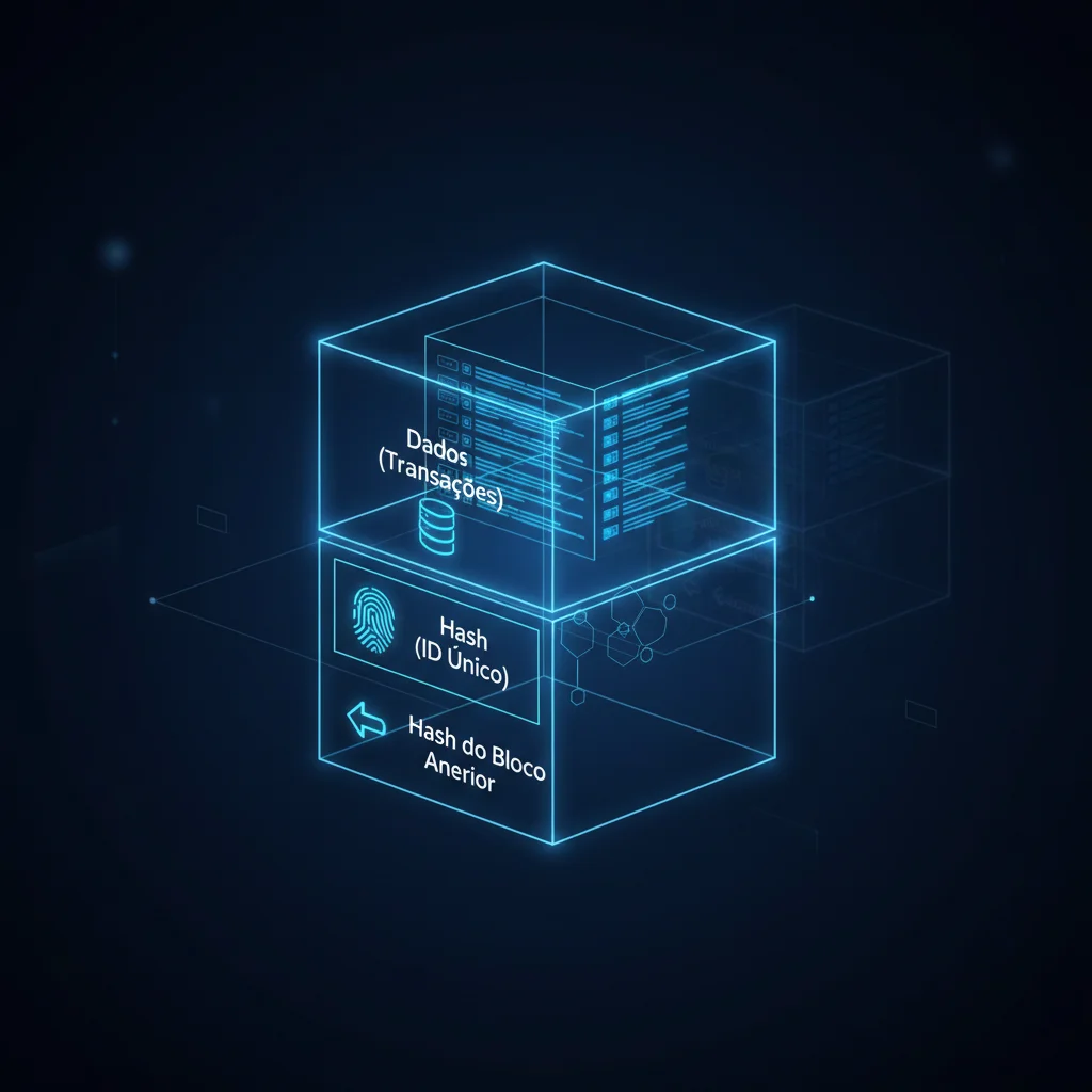 Infográfico explicando a estrutura de um bloco na tecnologia blockchain.