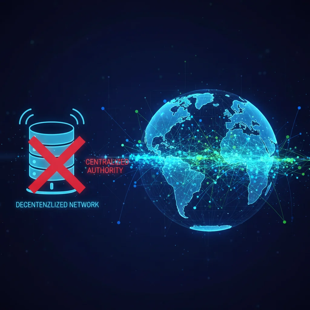 Ilustração de uma rede descentralizada blockchain comparada a um sistema centralizado.