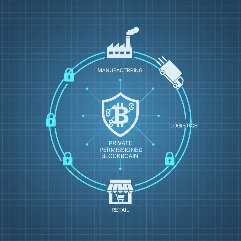 Diagrama ilustrando o funcionamento de uma blockchain corporativa em uma cadeia de suprimentos.