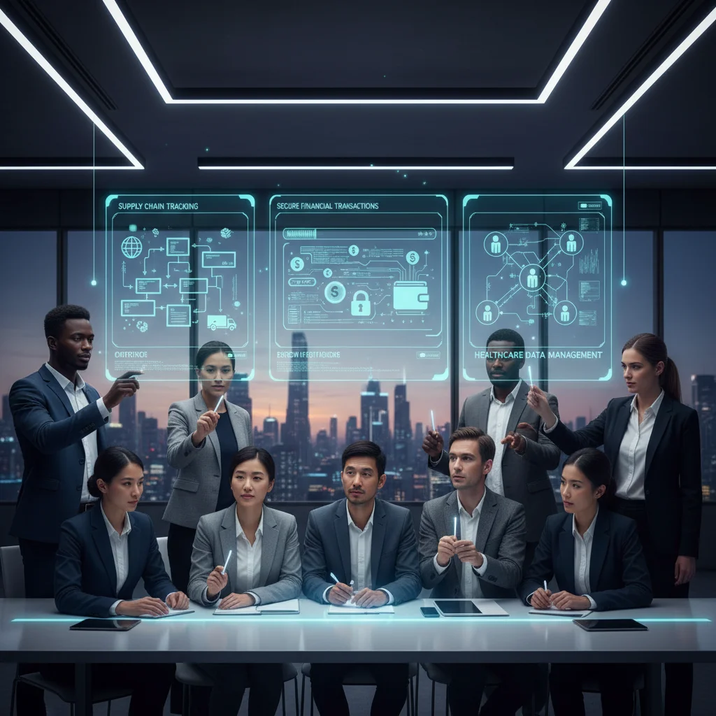 Profissionais de negócios analisando aplicações da tecnologia blockchain corporativa em um painel digital holográfico.