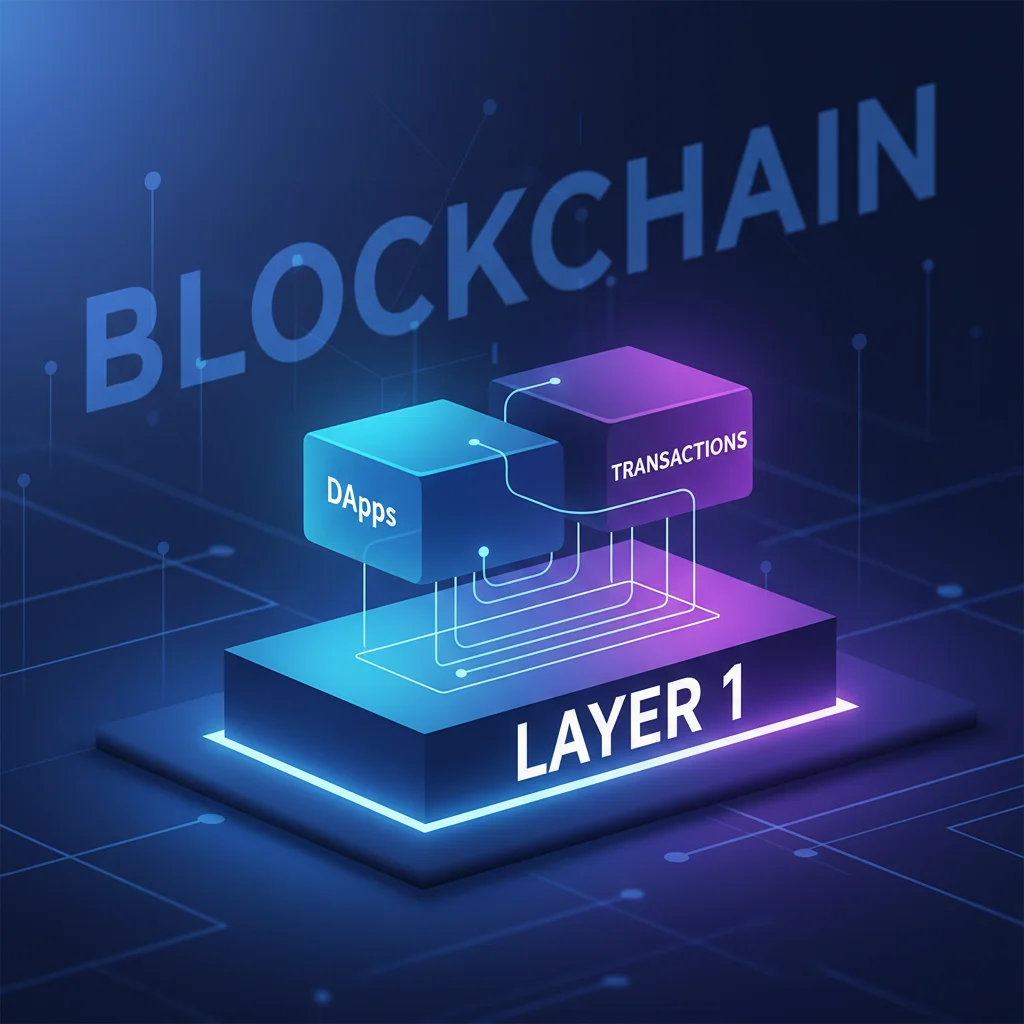 Ilustração de uma blockchain de Camada 1 servindo como base para aplicações e transações.