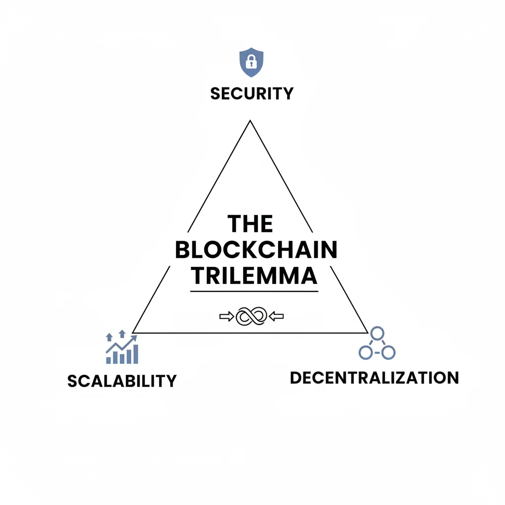 Infográfico do Trilema da Blockchain, mostrando o equilíbrio entre Segurança, Escalabilidade e Descentralização.