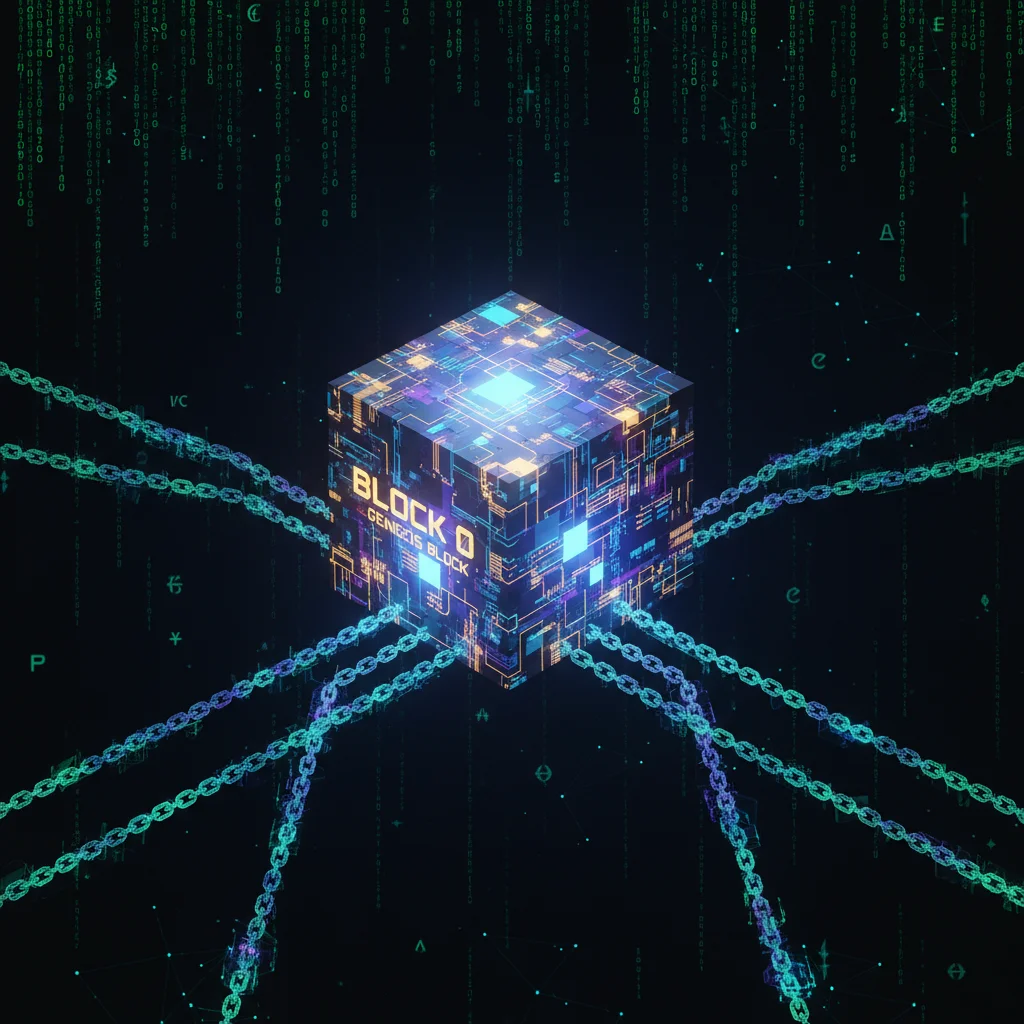 Ilustração do Bloco Gênesis, o primeiro bloco da blockchain do Bitcoin, simbolizando o início de uma nova tecnologia.