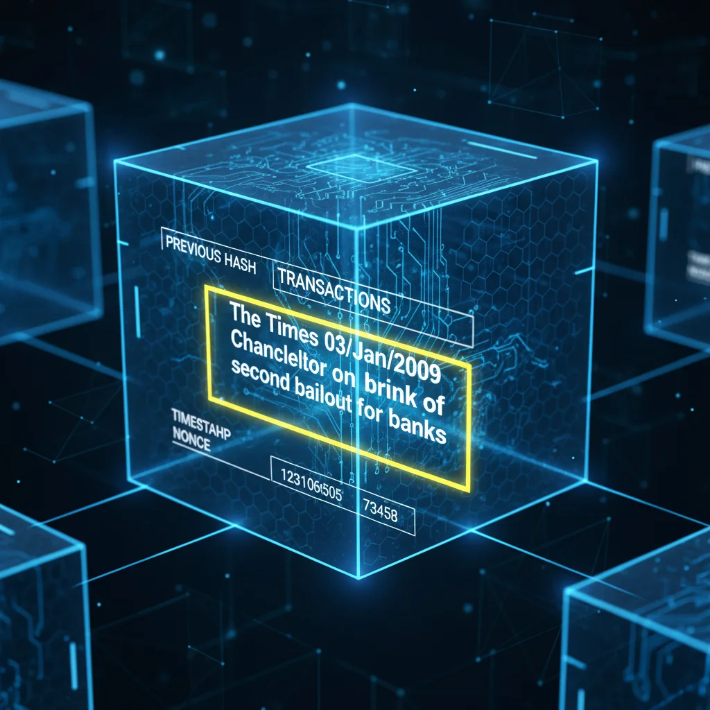 Detalhe da mensagem de Satoshi Nakamoto escondida no Bloco Gênesis, citando uma manchete do jornal The Times.