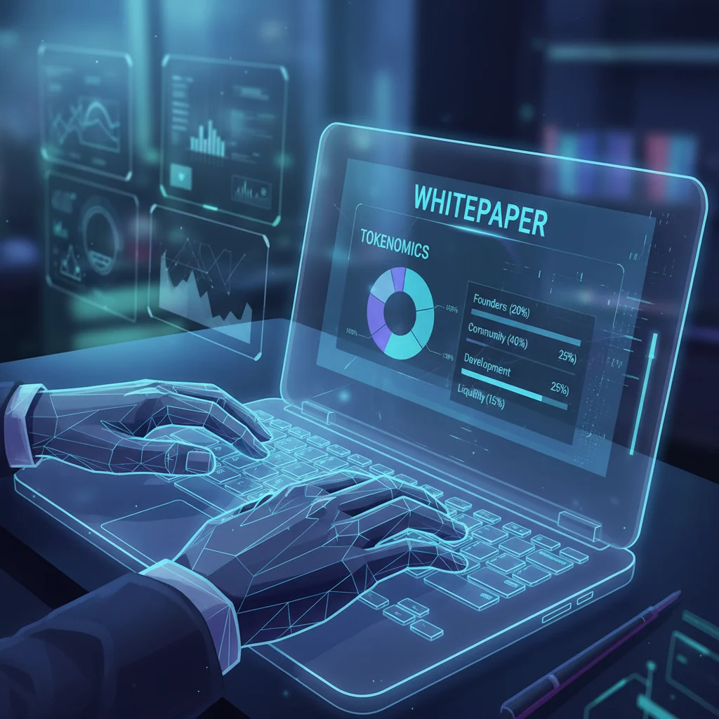 Pessoa analisando a seção de tokenomics no whitepaper de um projeto de criptomoeda em um laptop.