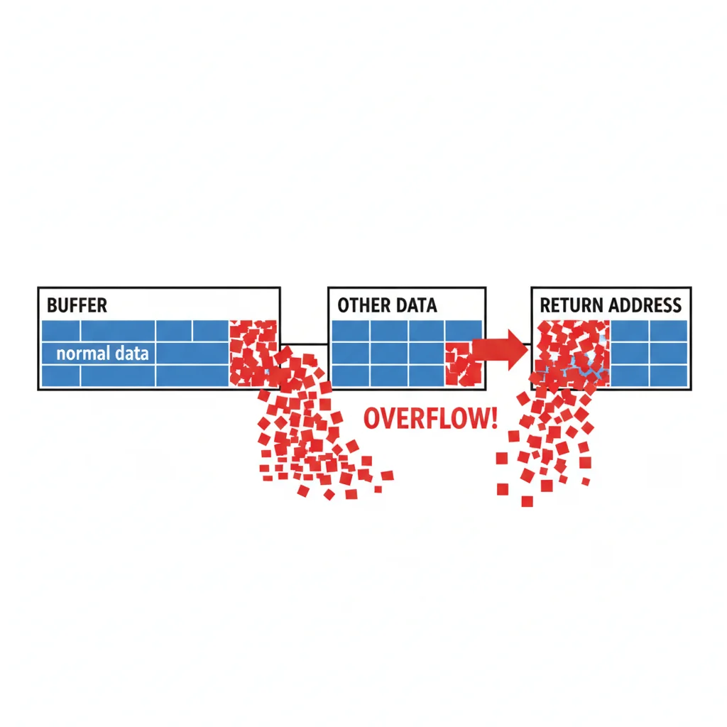 Diagrama ilustrando um buffer de memória transbordando dados para áreas adjacentes.