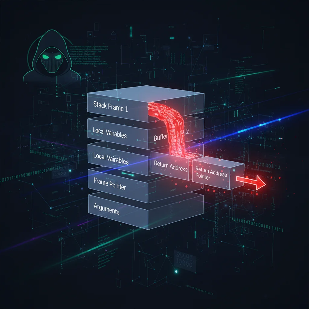 Ilustração de um ataque de Buffer Overflow onde o endereço de retorno é sobrescrito por código malicioso.