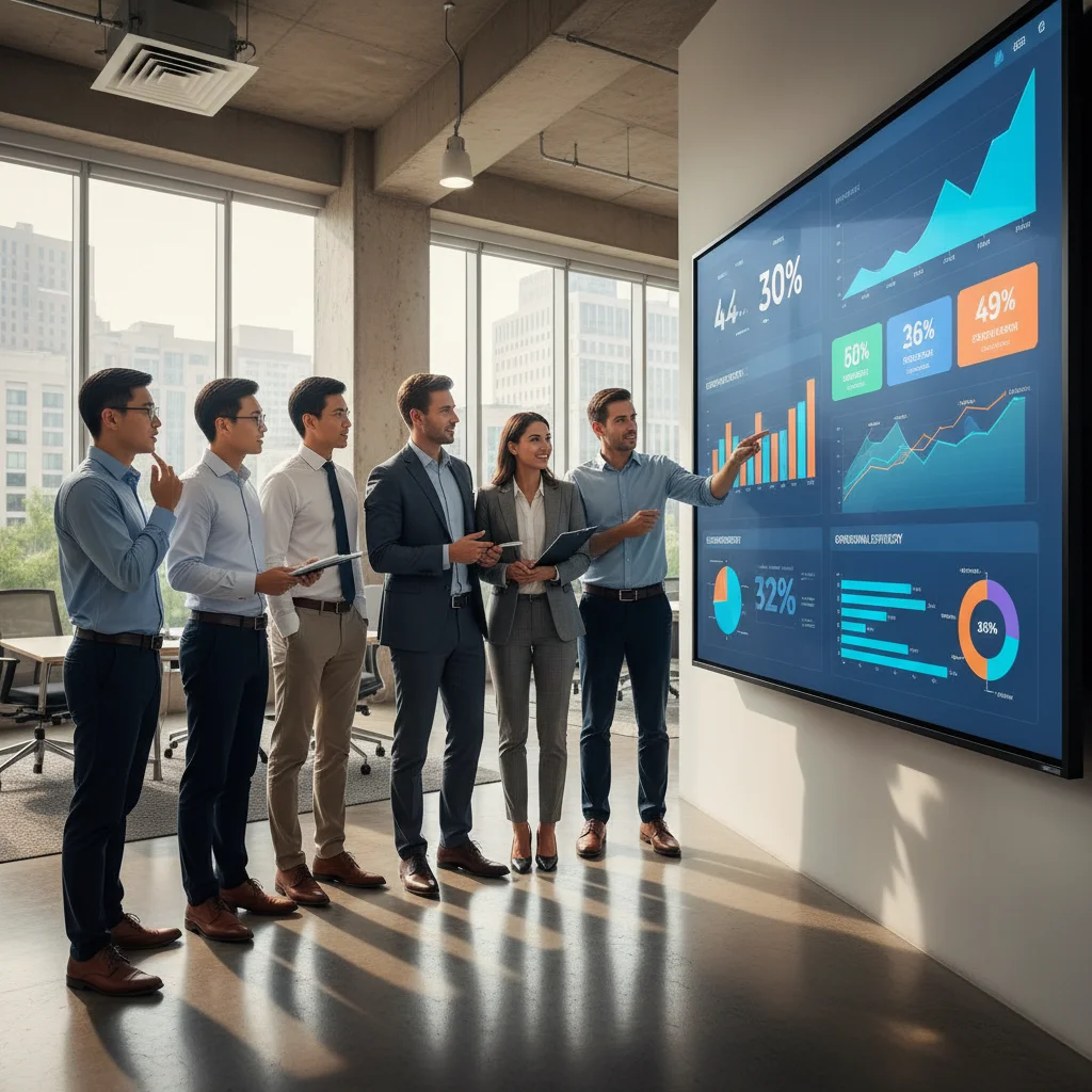 Equipe de negócios analisando um dashboard de Business Intelligence em uma tela grande para tomar decisões.