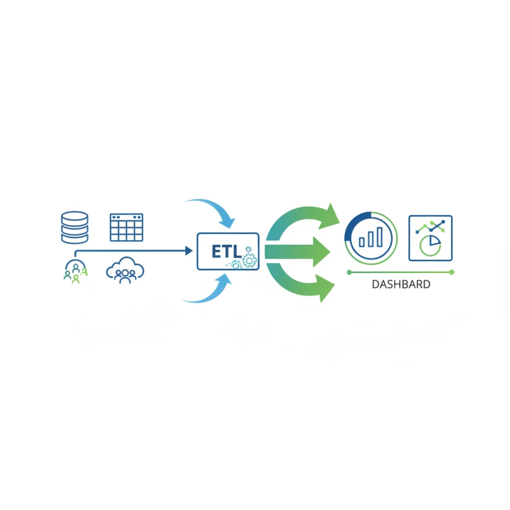 Infográfico do processo de Business Intelligence, mostrando a coleta de dados, processamento e visualização em dashboards.
