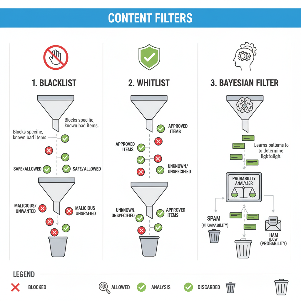 Diagrama ilustrativo dos tipos de filtros de conteúdo, mostrando como listas negras, listas brancas e filtros bayesianos funcionam.