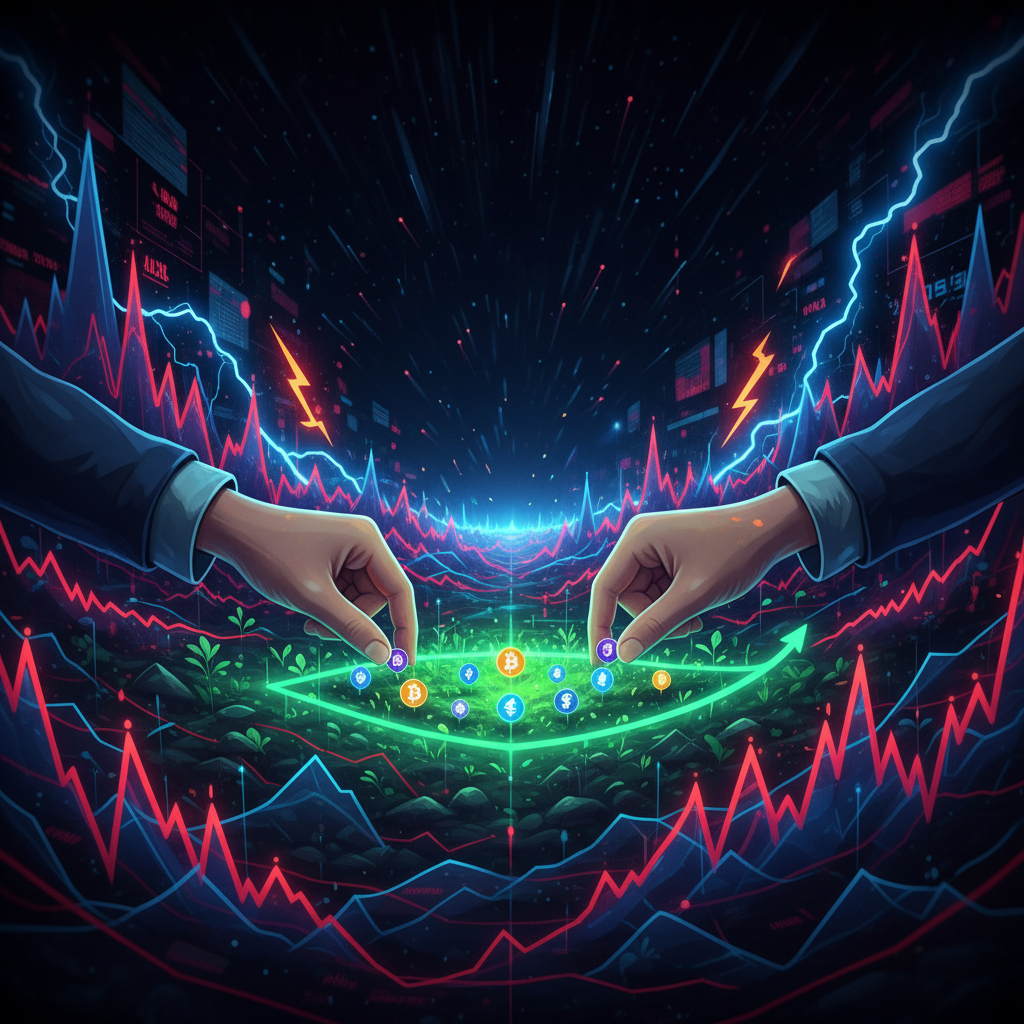 Ilustração da estratégia de Dollar-Cost Averaging (DCA) para investir em criptomoedas e reduzir o impacto da incerteza e volatilidade.