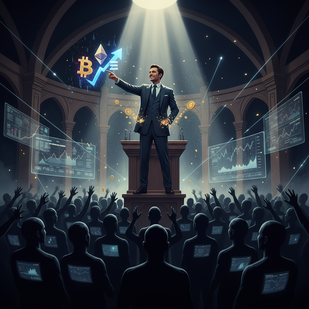 Figura carismática promovendo uma criptomoeda para uma multidão, ilustrando o conceito de shill no mercado cripto.
