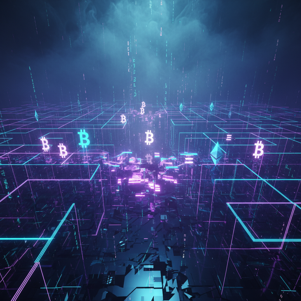 Visualização abstrata da incerteza no mercado de criptomoedas, com um labirinto digital e símbolos de Bitcoin e Ethereum.