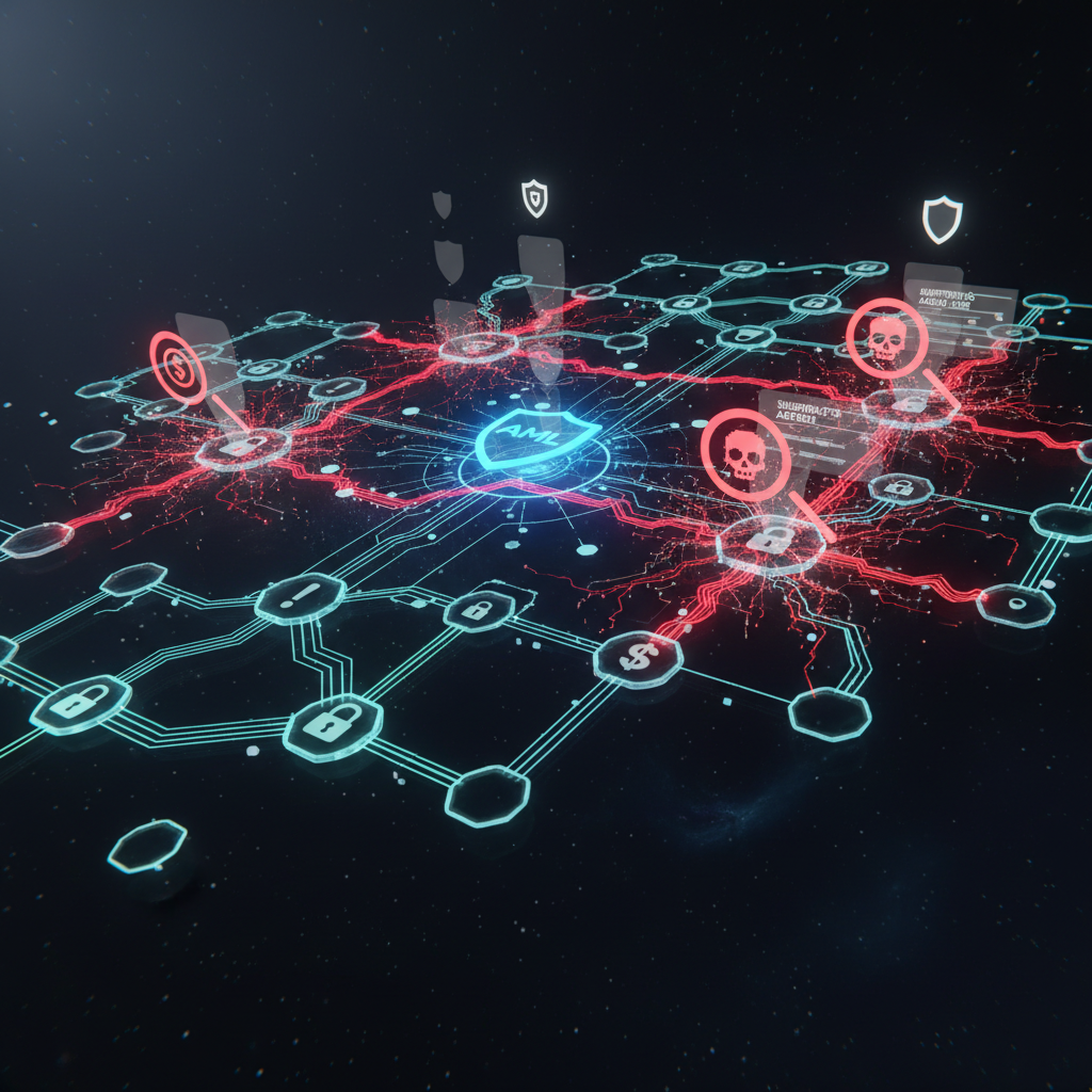 Sistema AML detectando transações suspeitas em blockchain