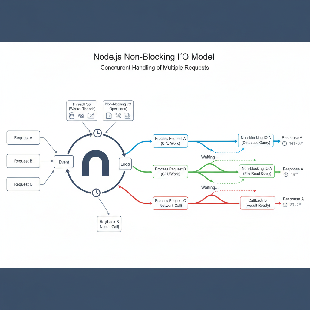 Ilustração do modelo de I/O não bloqueante do Node.js, mostrando o processamento paralelo de requisições.