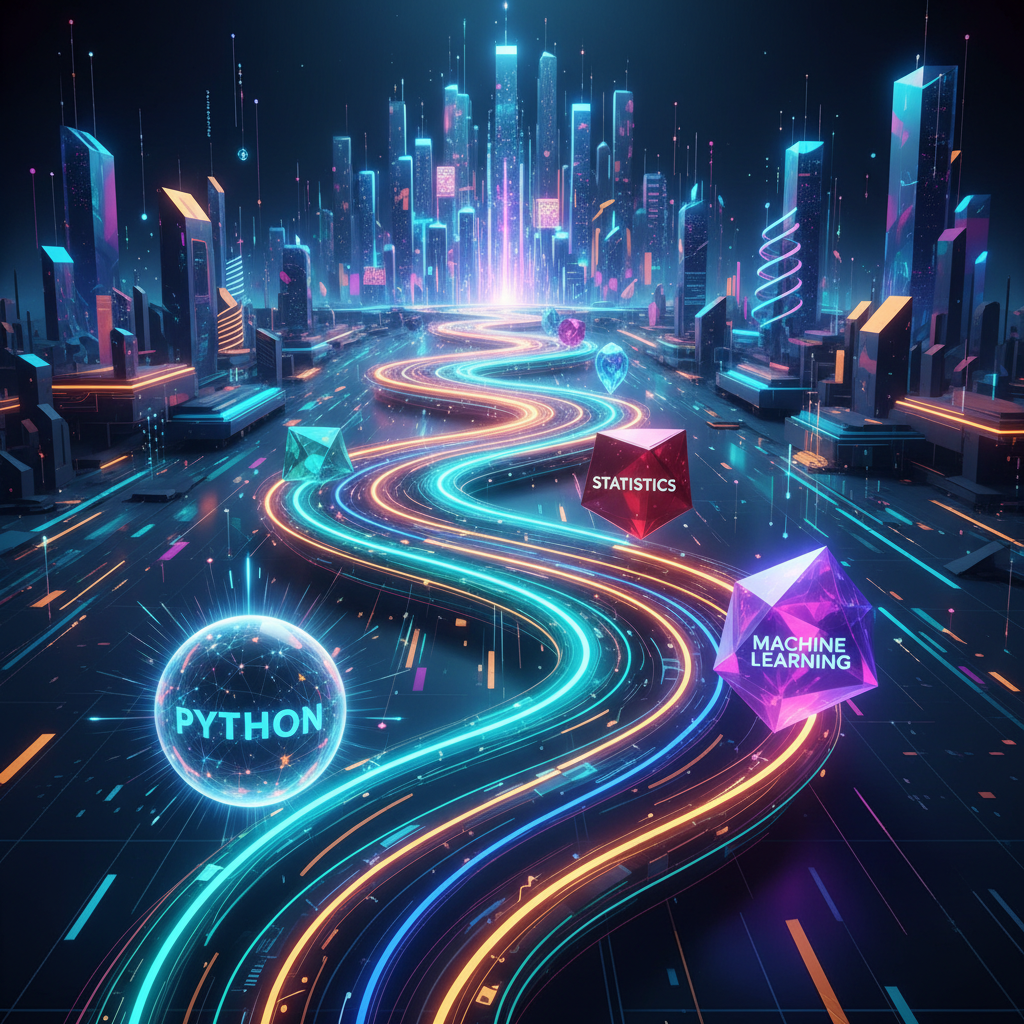 Um caminho de aprendizagem luminoso e digital, mostrando a jornada do conhecimento em inteligência artificial.