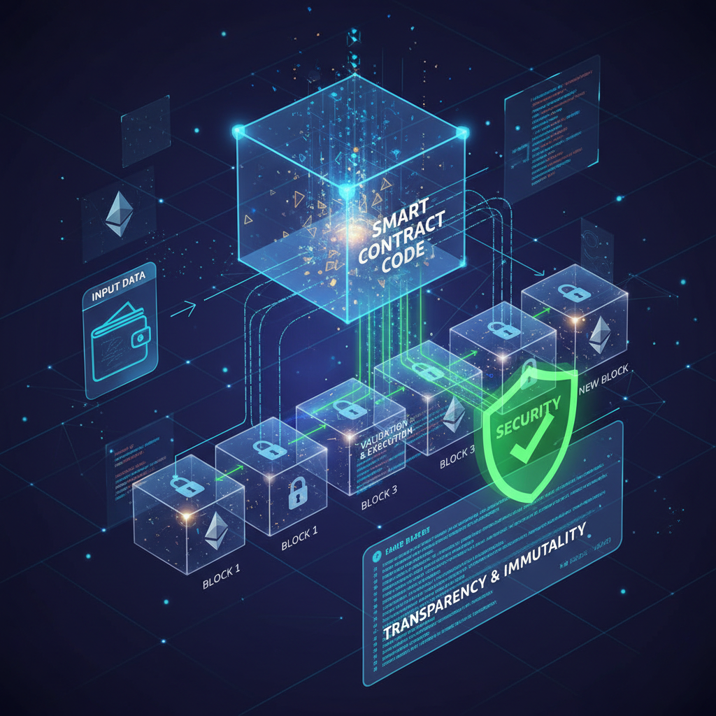 Representação visual da execução de um contrato inteligente na blockchain do Ethereum.