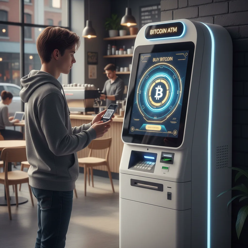 Pessoa utilizando um smartphone para escanear um código QR em um caixa eletrônico de Bitcoin.