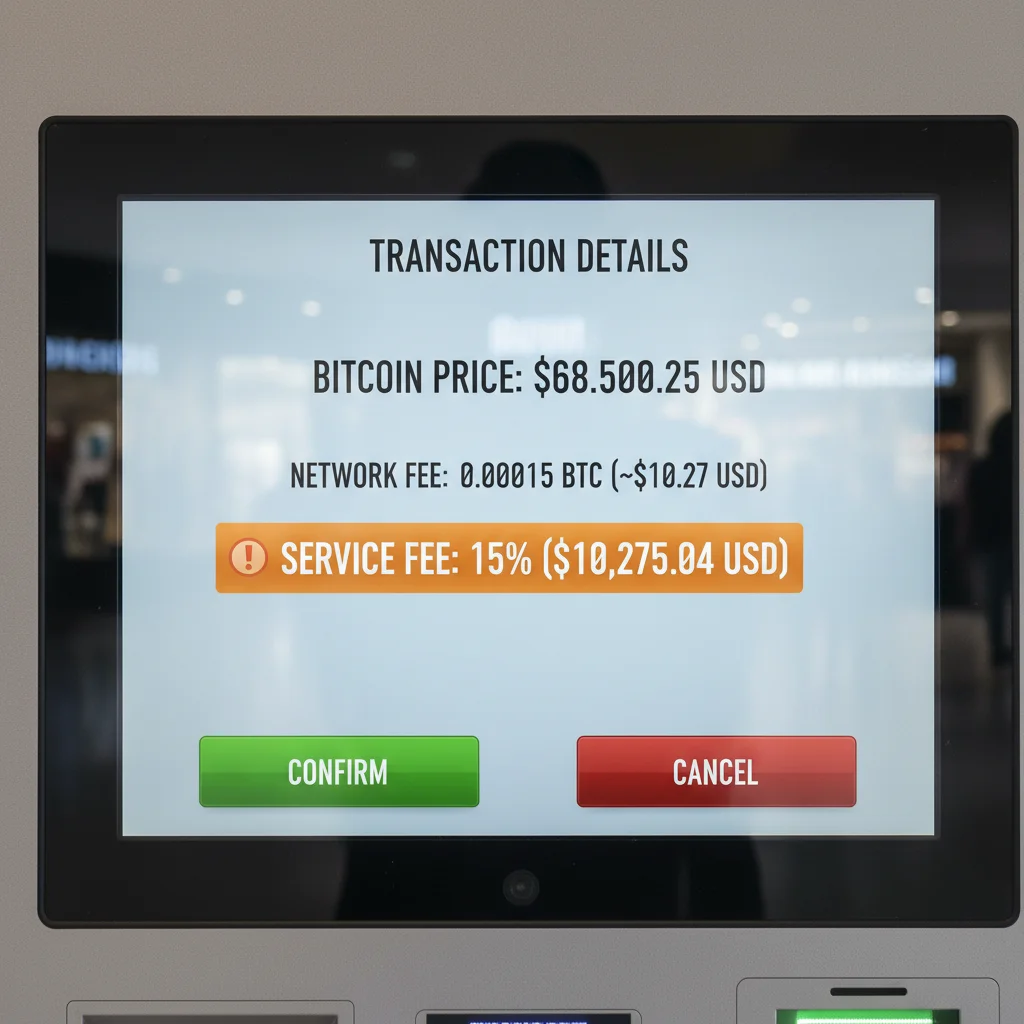 Tela de um caixa eletrônico de Bitcoin mostrando as taxas de transação em destaque.