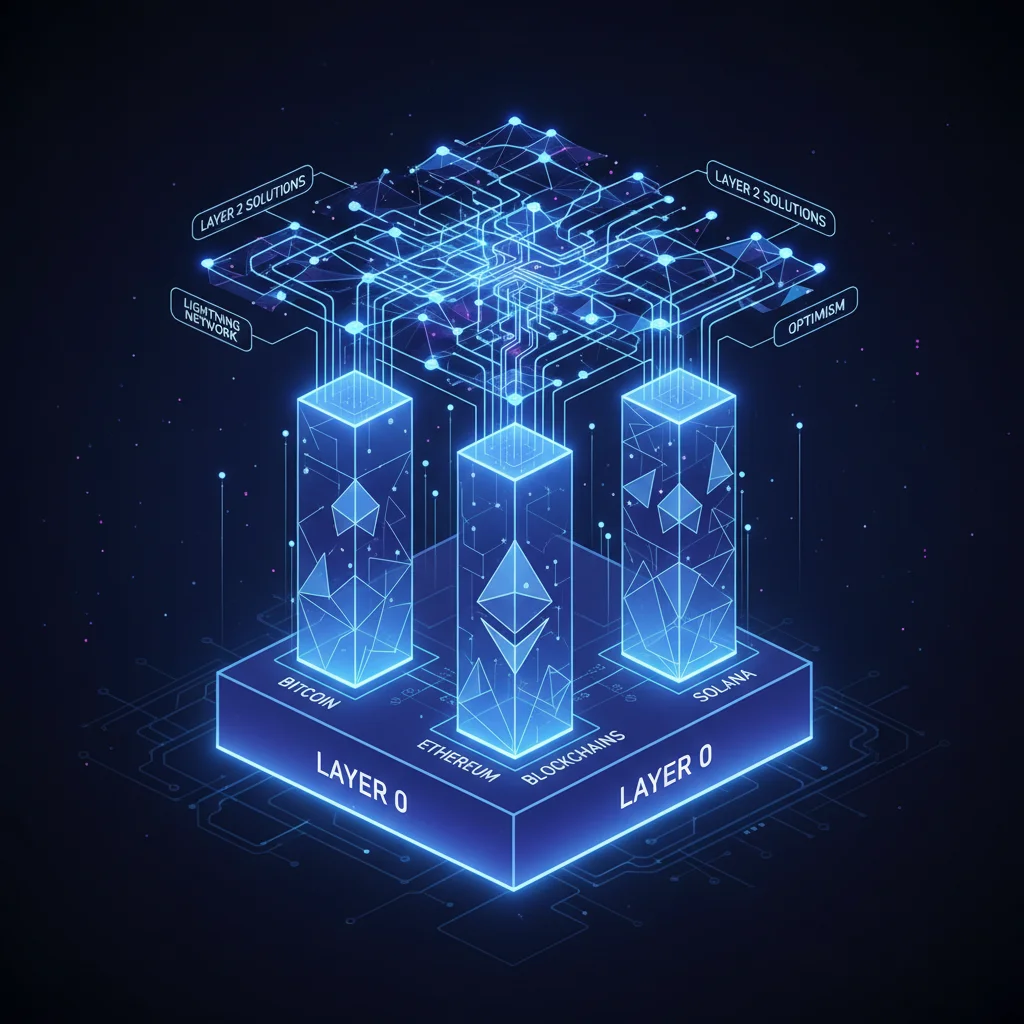 Diagrama ilustrando as camadas da tecnologia blockchain: Camada 0 na base, Camada 1 como pilares e Camada 2 no topo.