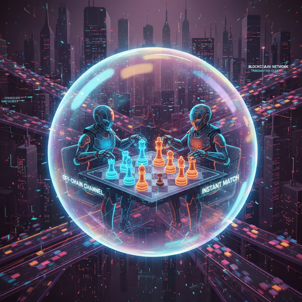 Ilustração de dois jogadores dentro de um canal de jogo, mostrando como as transações acontecem fora da blockchain principal.