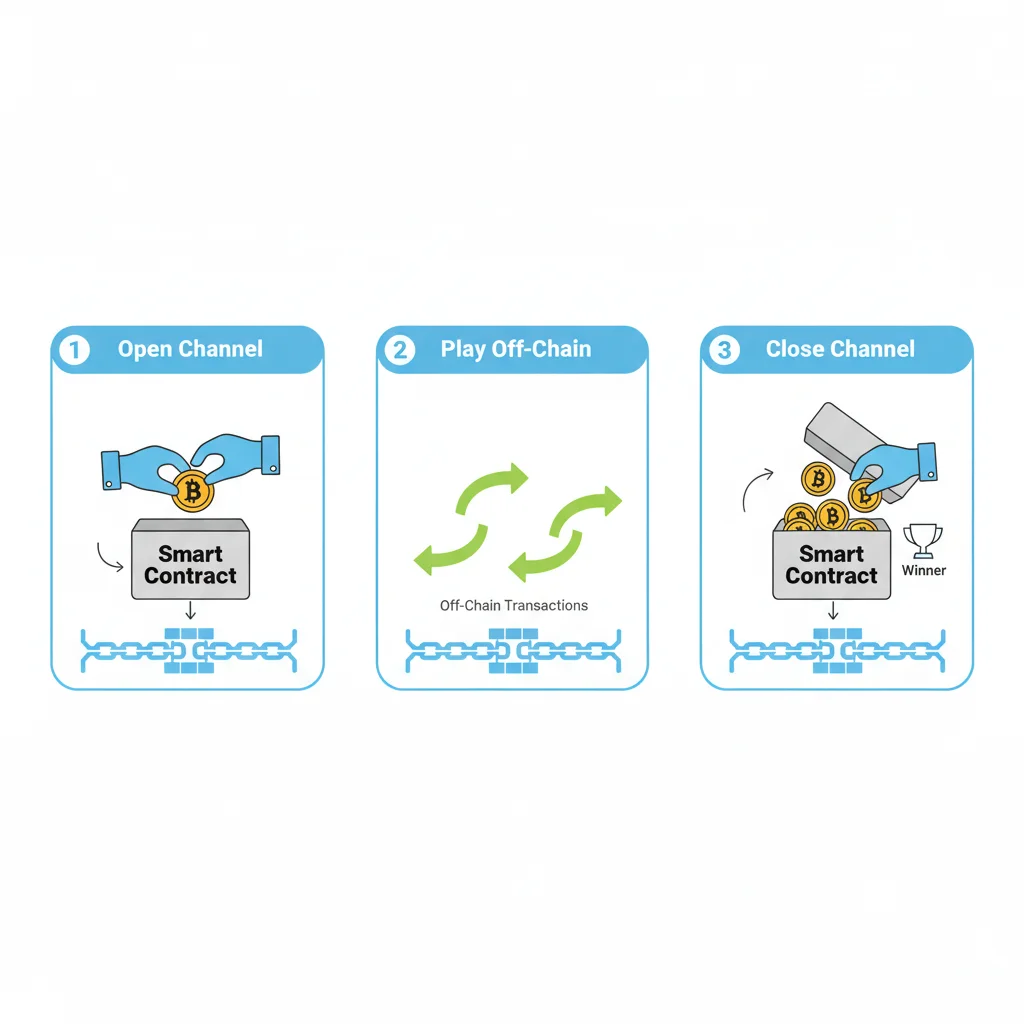 Infográfico explicando o funcionamento de um canal de jogo em três etapas: abrir o canal, jogar off-chain e fechar o canal.