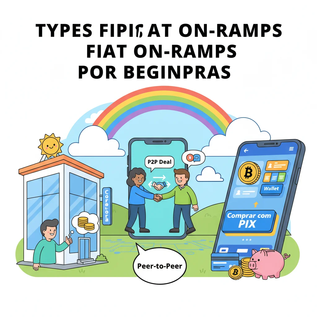 Ilustração comparando os principais tipos de canais de entrada de fiat: corretoras, P2P e compra direta em carteiras.