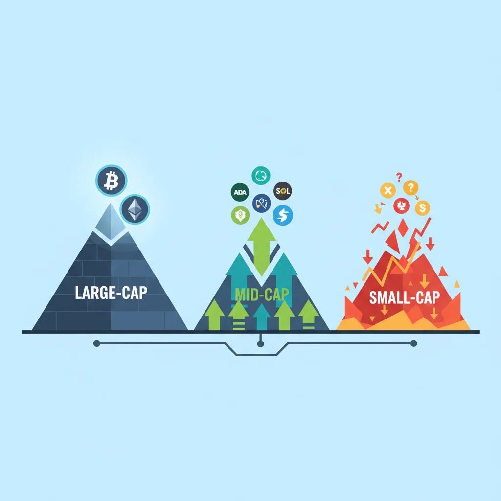 Gráfico ilustrando as categorias de Market Cap: Large-Cap, Mid-Cap e Small-Cap.