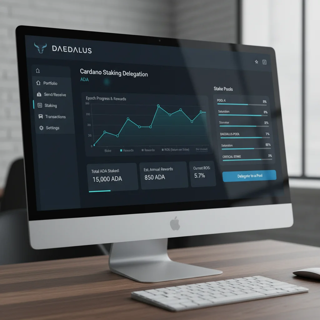 Interface da Carteira Daedalus exibindo o painel de delegação para staking de Cardano (ADA).